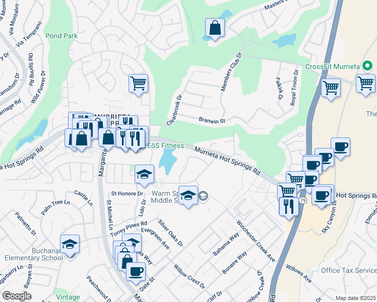 map of restaurants, bars, coffee shops, grocery stores, and more near 39011 Agua Vista in Murrieta