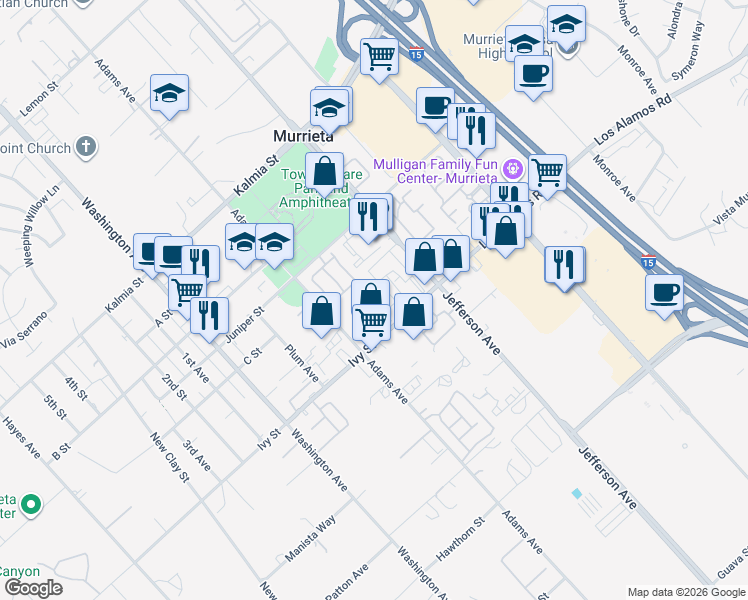 map of restaurants, bars, coffee shops, grocery stores, and more near 41667 Ivy Street in Murrieta