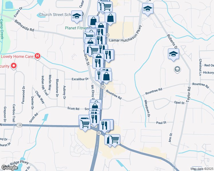 map of restaurants, bars, coffee shops, grocery stores, and more near 7322 Georgia 85 in Riverdale