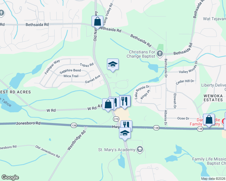 map of restaurants, bars, coffee shops, grocery stores, and more near 7375 Old National Highway in Riverdale