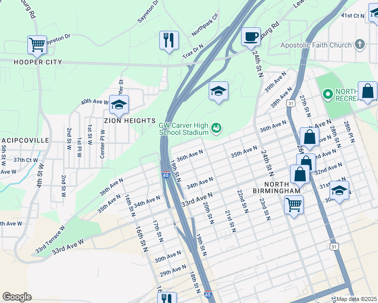 map of restaurants, bars, coffee shops, grocery stores, and more near 3517 20th Street North in Birmingham
