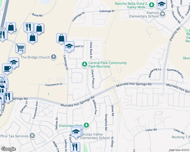 map of restaurants, bars, coffee shops, grocery stores, and more near 38884 Cherry Point Lane in Murrieta