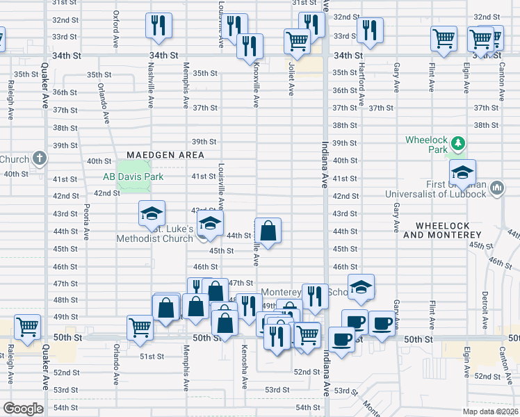 map of restaurants, bars, coffee shops, grocery stores, and more near 3516 43rd Street in Lubbock