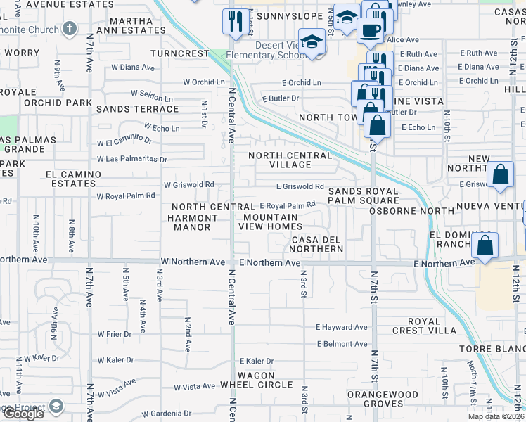 map of restaurants, bars, coffee shops, grocery stores, and more near 36 East Harmont Drive in Phoenix