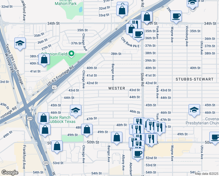 map of restaurants, bars, coffee shops, grocery stores, and more near 5404 43rd Street in Lubbock