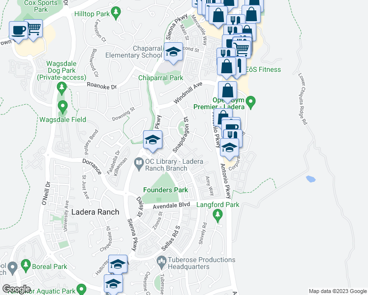 map of restaurants, bars, coffee shops, grocery stores, and more near 6 Snapdragon Street in Ladera Ranch