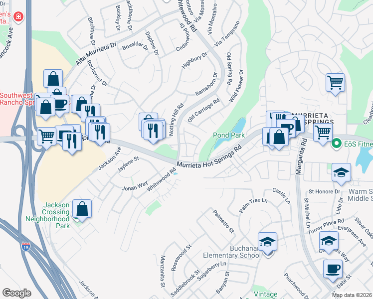 map of restaurants, bars, coffee shops, grocery stores, and more near 39930 Whitewood Road in Murrieta