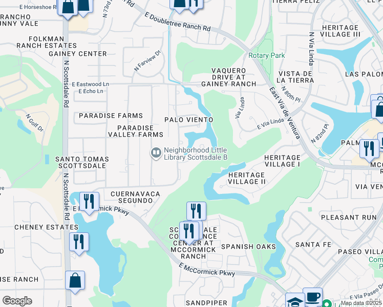 map of restaurants, bars, coffee shops, grocery stores, and more near 7625 East Vía Del Placito in Scottsdale