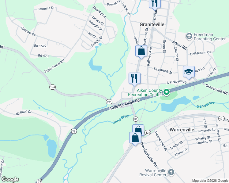 map of restaurants, bars, coffee shops, grocery stores, and more near 410 Baker St in Graniteville