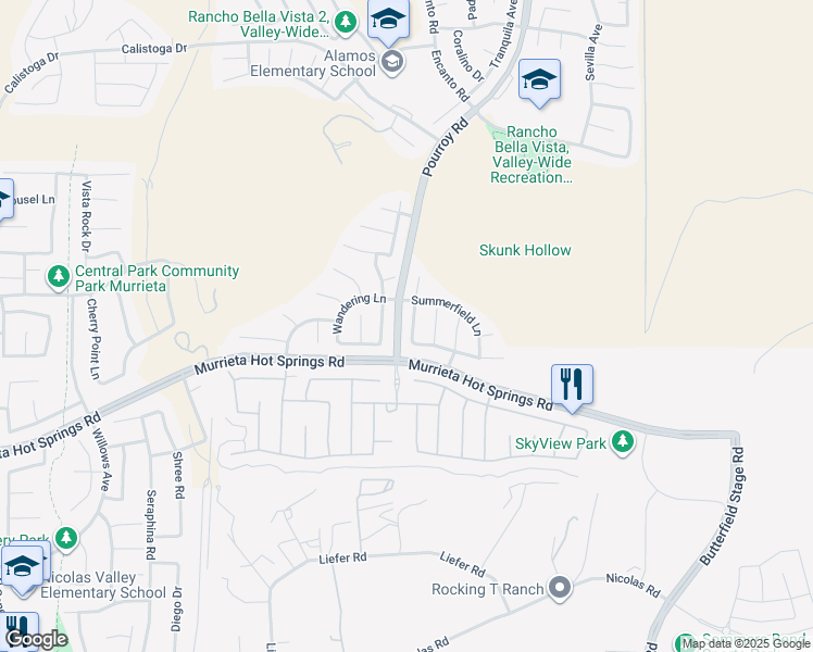 map of restaurants, bars, coffee shops, grocery stores, and more near 38937 Rockinghorse Road in Murrieta