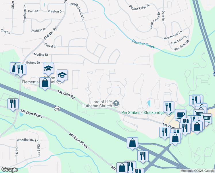 map of restaurants, bars, coffee shops, grocery stores, and more near 3196 Mount Zion Road in Stockbridge