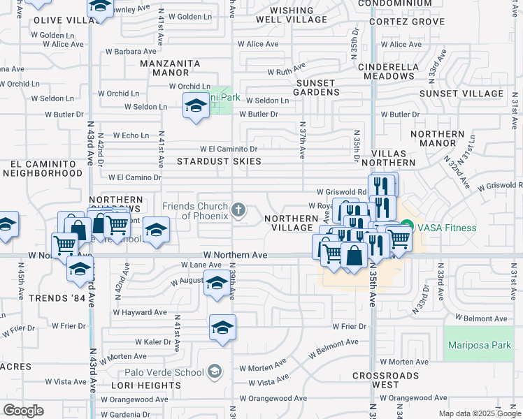 map of restaurants, bars, coffee shops, grocery stores, and more near 3830 West Royal Palm Road in Phoenix