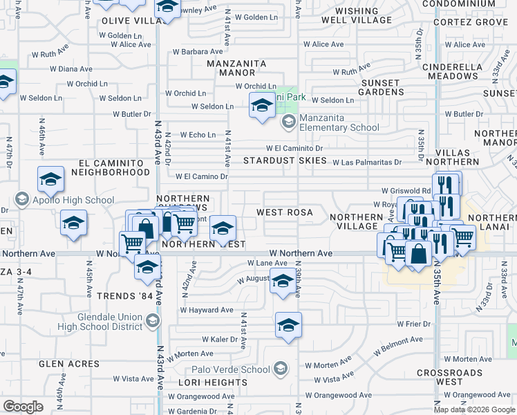 map of restaurants, bars, coffee shops, grocery stores, and more near 4015 West Royal Palm Road in Phoenix