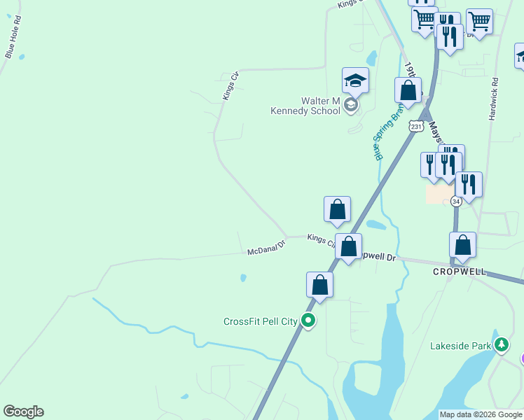 map of restaurants, bars, coffee shops, grocery stores, and more near 100 McDanal Road in Pell City