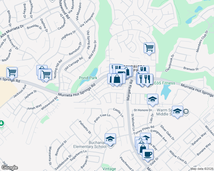 map of restaurants, bars, coffee shops, grocery stores, and more near 26107 Mayfield Union Way in Murrieta