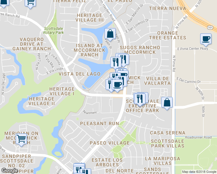 map of restaurants, bars, coffee shops, grocery stores, and more near 8270 North Hayden Road in Scottsdale