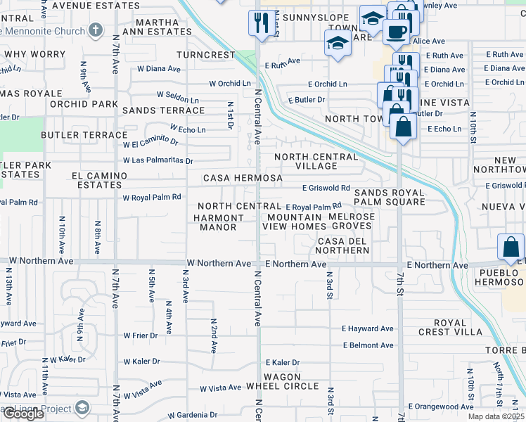 map of restaurants, bars, coffee shops, grocery stores, and more near 8108 North Central Avenue in Phoenix