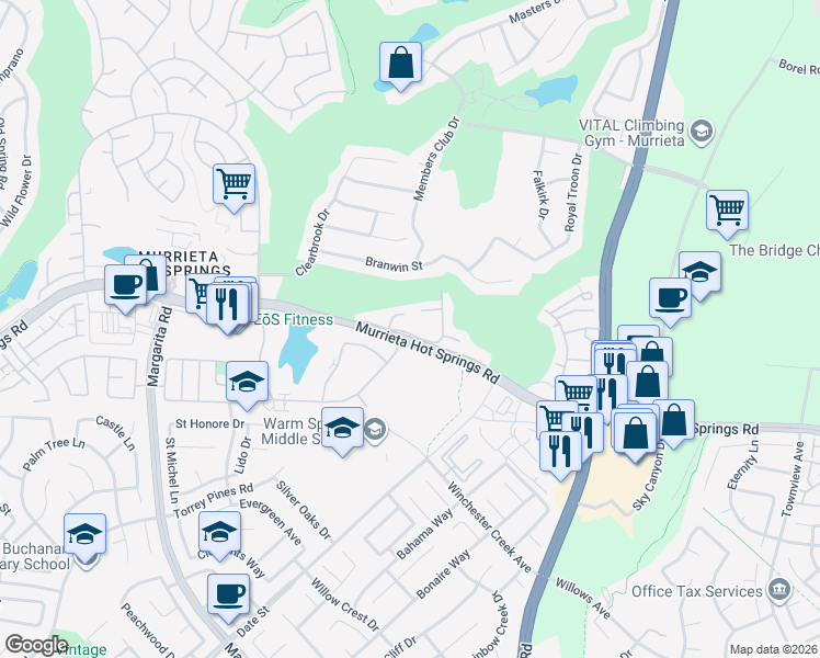 map of restaurants, bars, coffee shops, grocery stores, and more near 29370 Vía Frontera in Murrieta