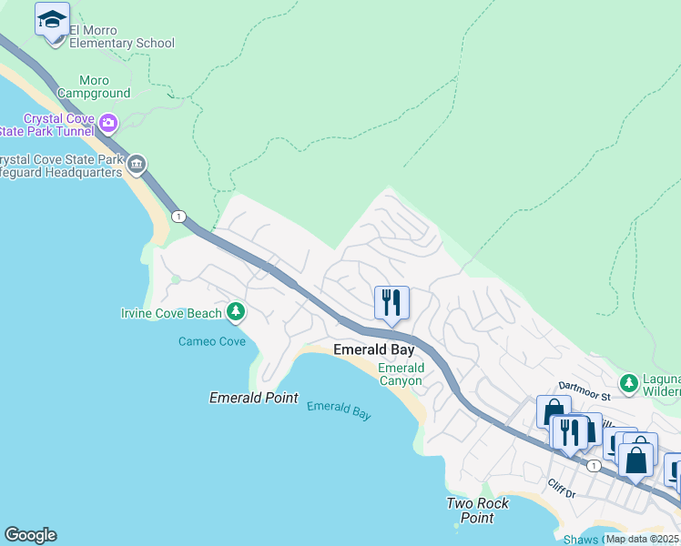map of restaurants, bars, coffee shops, grocery stores, and more near 818 Erin Way in Laguna Beach