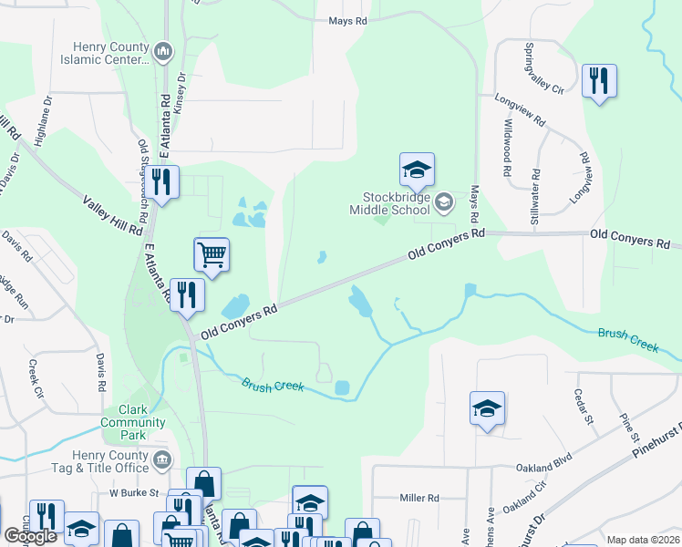 map of restaurants, bars, coffee shops, grocery stores, and more near 374 Old Conyers Road in Stockbridge