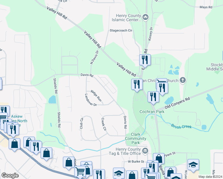 map of restaurants, bars, coffee shops, grocery stores, and more near 117 Oak Circle South in Stockbridge