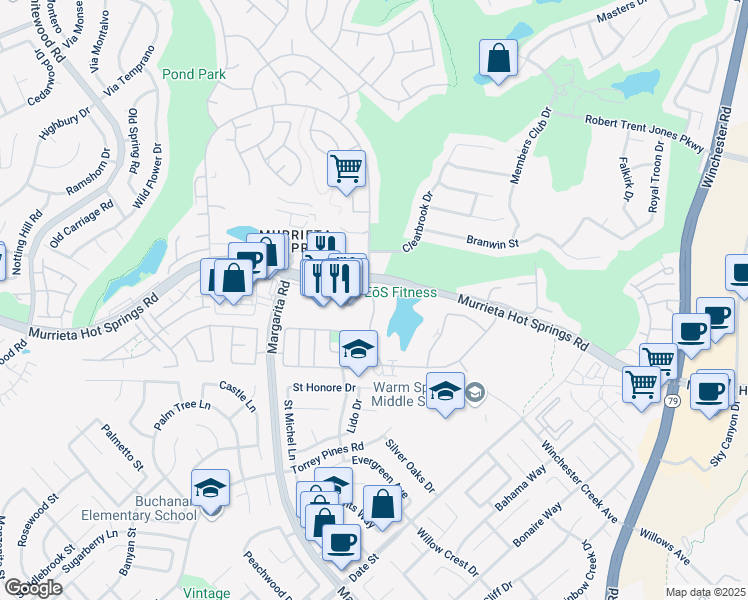 map of restaurants, bars, coffee shops, grocery stores, and more near 28239 Via Princesa in Murrieta