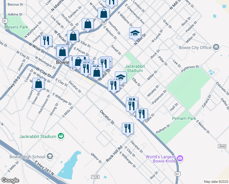 map of restaurants, bars, coffee shops, grocery stores, and more near 802 East Wise Street in Bowie