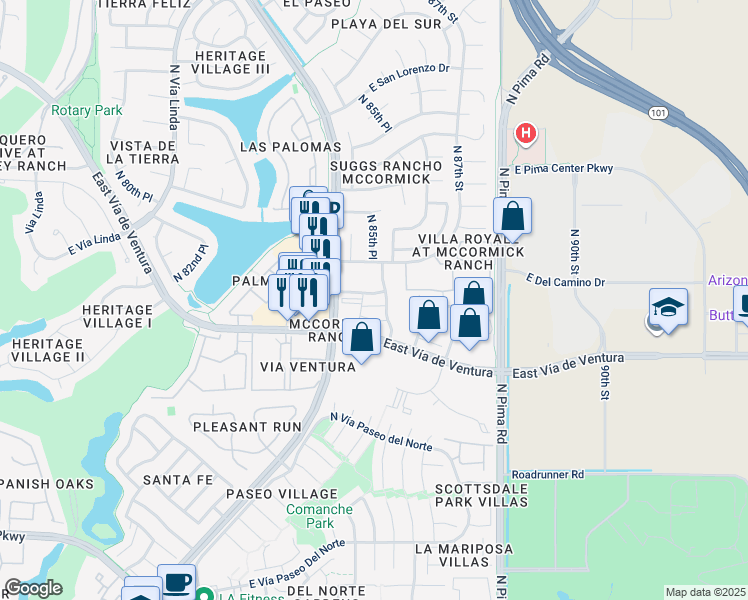 map of restaurants, bars, coffee shops, grocery stores, and more near 8524 East Vía de Ventura in Scottsdale