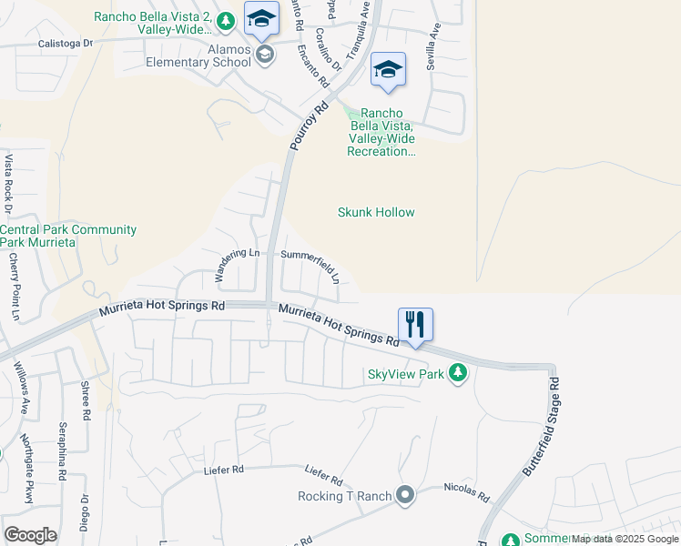 map of restaurants, bars, coffee shops, grocery stores, and more near 31698 Summerfield Lane in Murrieta