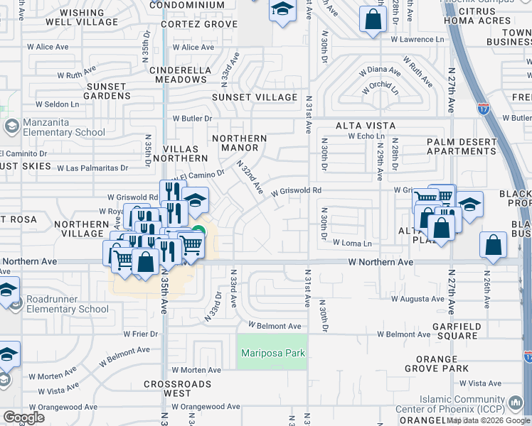 map of restaurants, bars, coffee shops, grocery stores, and more near 8056 North 32nd Drive in Phoenix
