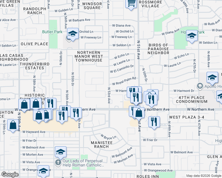 map of restaurants, bars, coffee shops, grocery stores, and more near 5251 West Harmont Drive in Glendale