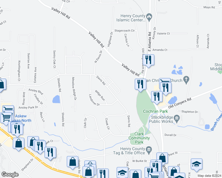 map of restaurants, bars, coffee shops, grocery stores, and more near 108 Oak Circle South in Stockbridge
