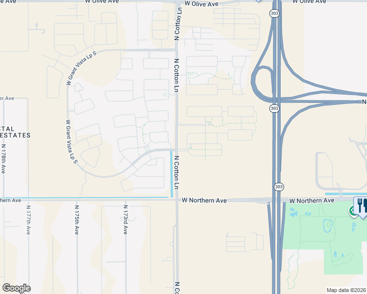 map of restaurants, bars, coffee shops, grocery stores, and more near 8153 North 171st Lane in Waddell