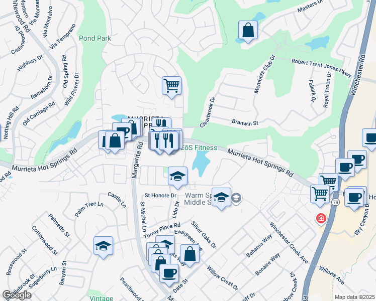 map of restaurants, bars, coffee shops, grocery stores, and more near 28267 Via Princesa in Murrieta
