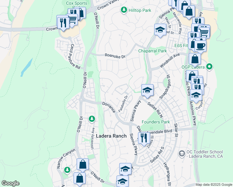 map of restaurants, bars, coffee shops, grocery stores, and more near 6 Whidbey Drive in Ladera Ranch