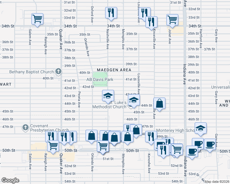 map of restaurants, bars, coffee shops, grocery stores, and more near 3813 43rd Street in Lubbock