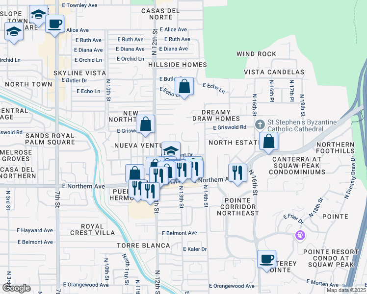 map of restaurants, bars, coffee shops, grocery stores, and more near 8101 North 12th Place in Phoenix