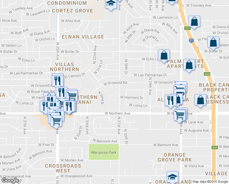 map of restaurants, bars, coffee shops, grocery stores, and more near 8059 North 31st Lane in Phoenix
