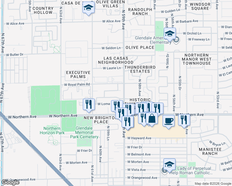 map of restaurants, bars, coffee shops, grocery stores, and more near 5933 West Harmont Drive in Glendale