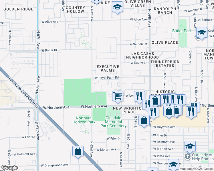 map of restaurants, bars, coffee shops, grocery stores, and more near 8050 North 61st Avenue in Glendale
