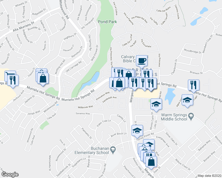 map of restaurants, bars, coffee shops, grocery stores, and more near 39671 Princeton Way in Murrieta