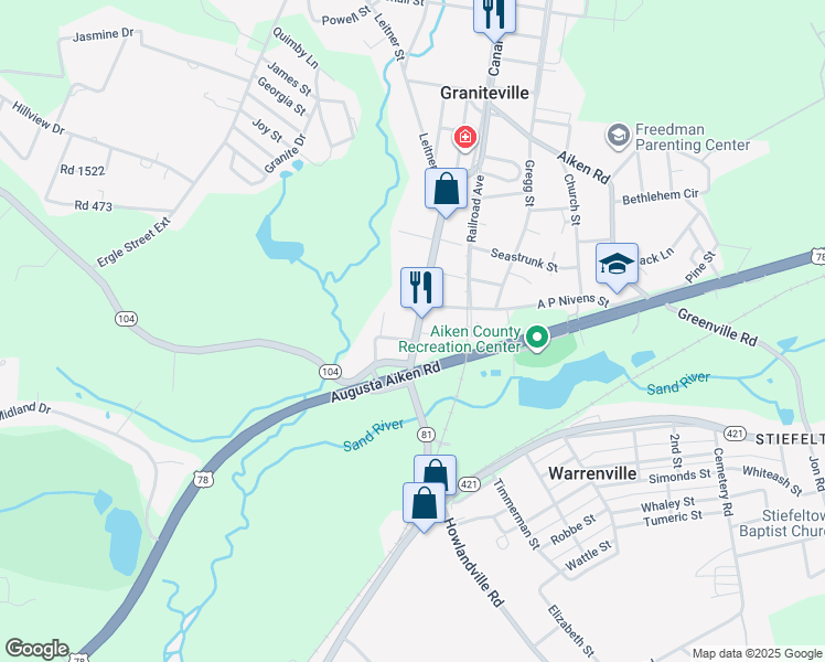 map of restaurants, bars, coffee shops, grocery stores, and more near 421 Main St in Graniteville