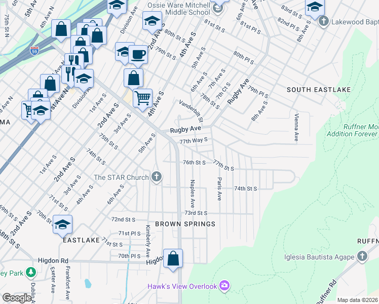 map of restaurants, bars, coffee shops, grocery stores, and more near 7601 Naples Avenue in Birmingham