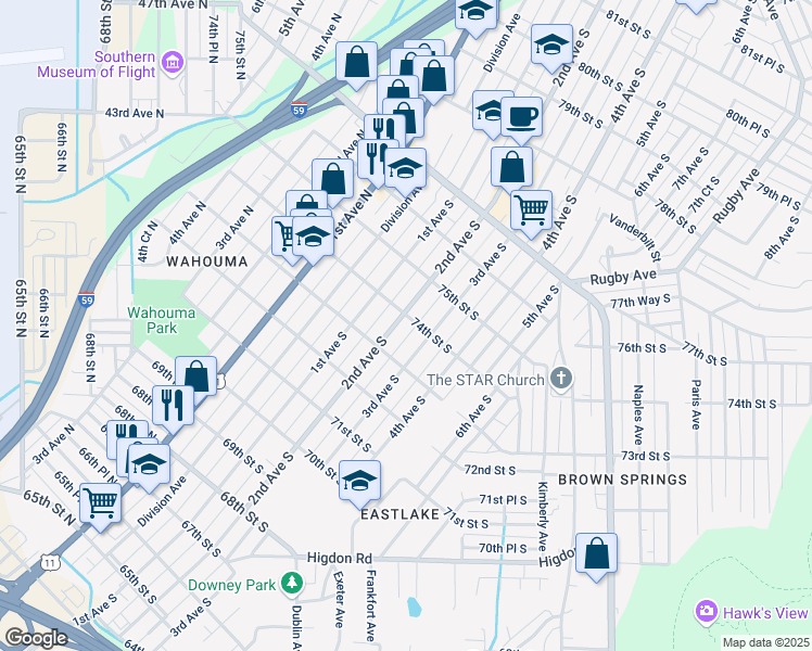 map of restaurants, bars, coffee shops, grocery stores, and more near 7320 3rd Avenue South in Birmingham