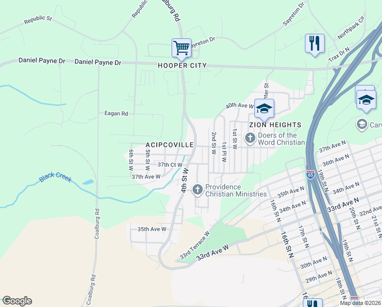 map of restaurants, bars, coffee shops, grocery stores, and more near 3717 4th Street West in Birmingham