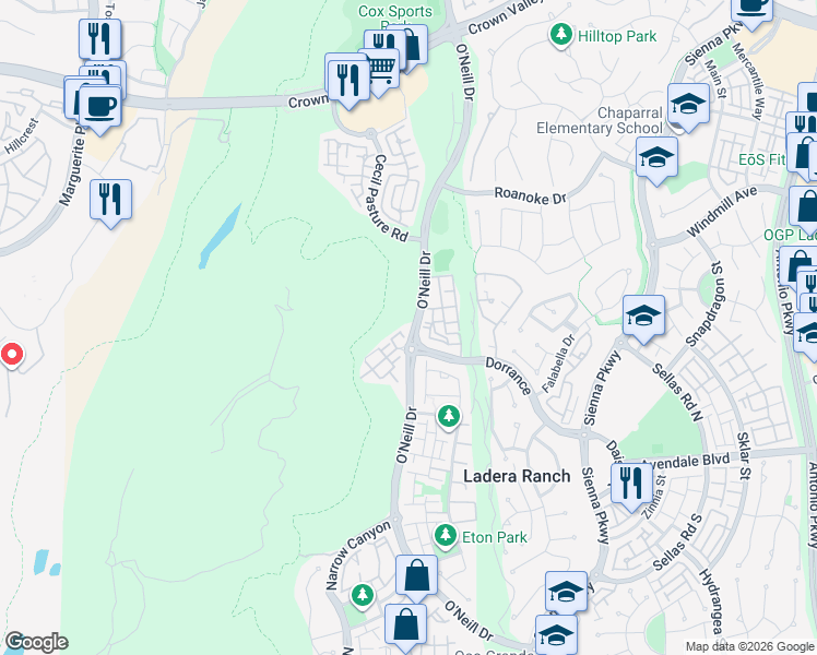 map of restaurants, bars, coffee shops, grocery stores, and more near 17 Baccus in Mission Viejo