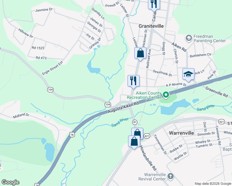 map of restaurants, bars, coffee shops, grocery stores, and more near 410 Baker Street in Graniteville