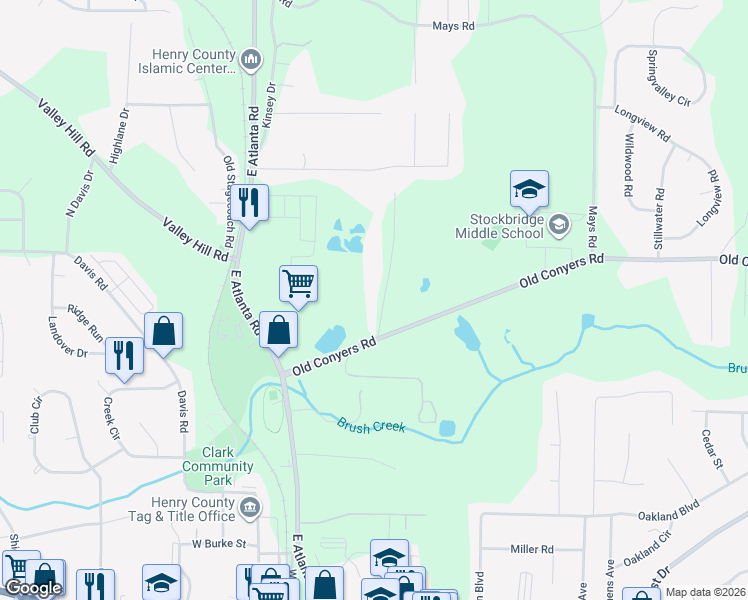 map of restaurants, bars, coffee shops, grocery stores, and more near 115 Collier Road in Stockbridge