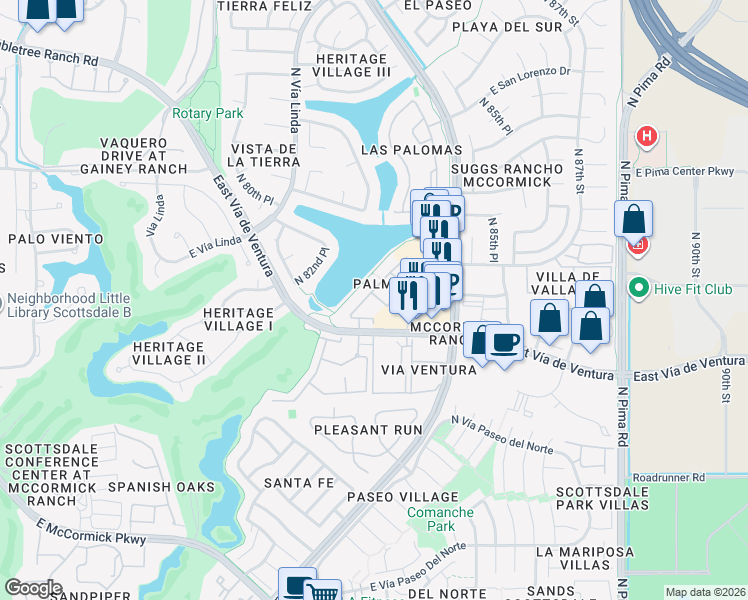 map of restaurants, bars, coffee shops, grocery stores, and more near 8300 East Vía de Ventura in Scottsdale