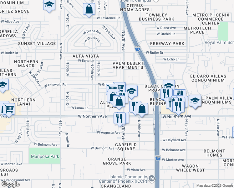 map of restaurants, bars, coffee shops, grocery stores, and more near 8040 North 27th Avenue in Phoenix